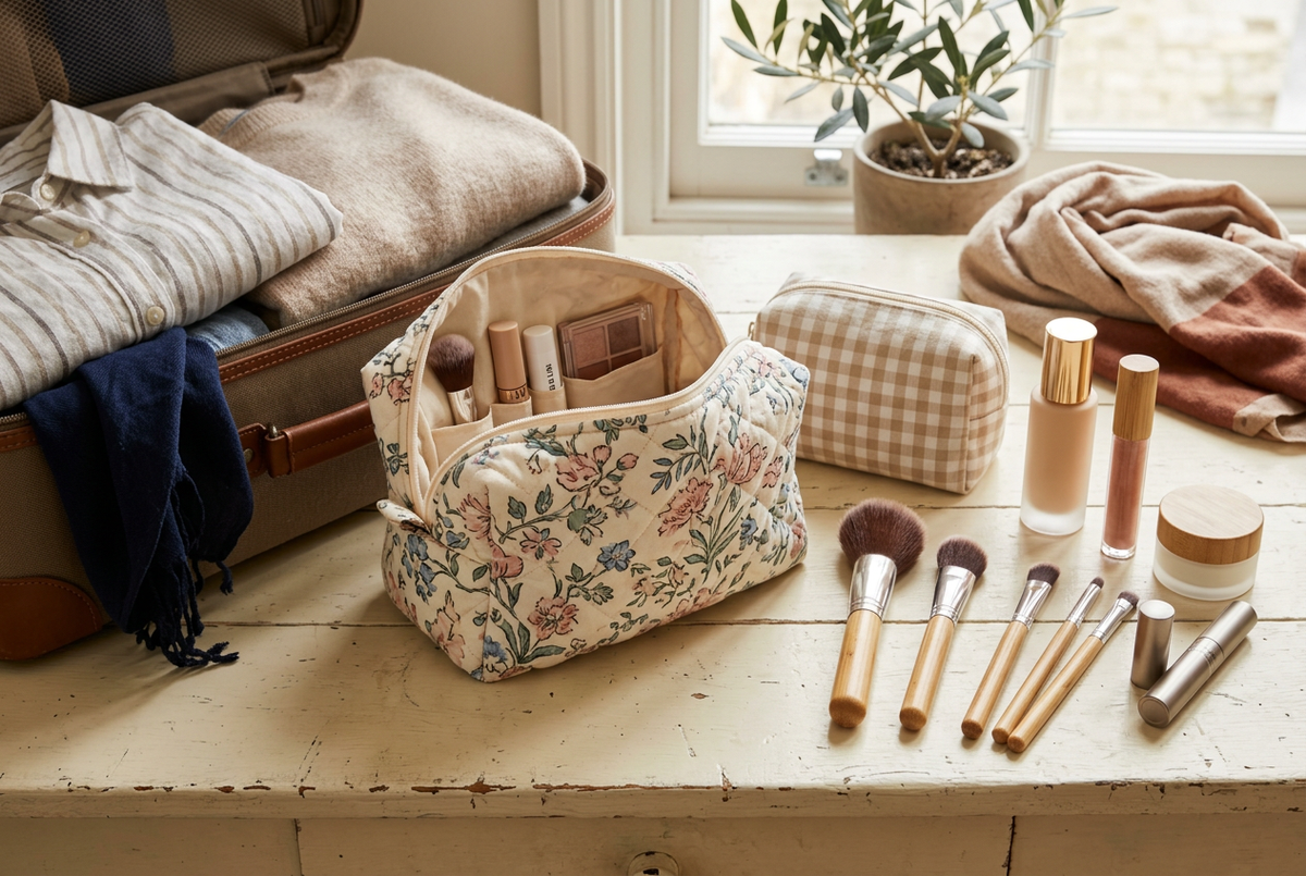 Travel makeup bag editorial image